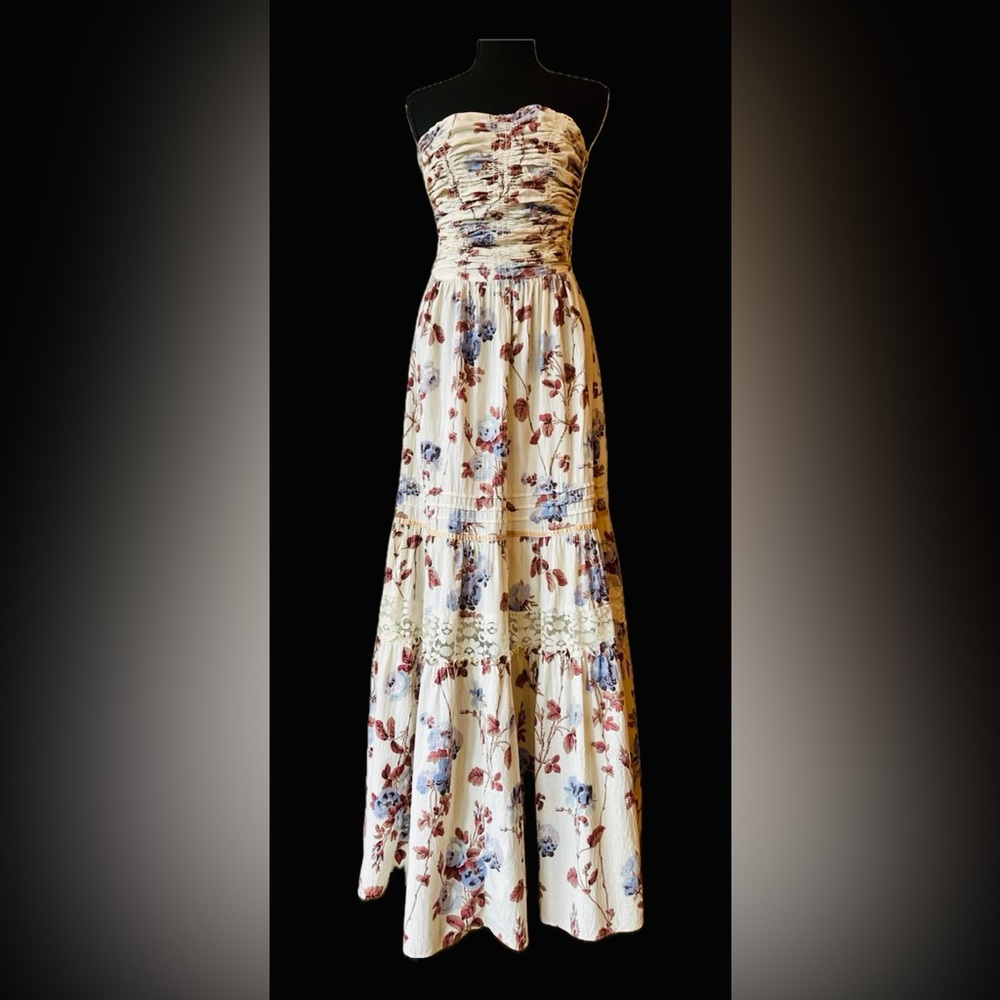 Vintage 70’s Young Edwardian Tiered Smocked Strapless Bohemian Maxi Dress